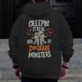 Creepin It Real With My 2nd Grade Monsters Halloween Teacher For Men Women Kids Men Zip Up Hoodie Back Print, 2nd Grade Teacher Gifts, funny design