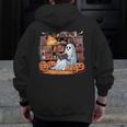 Ghost Book Reading Halloween Books Lover Teacher Men Zip Up Hoodie Back Print, funny design