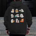 Ghost Reading Teacher Halloween Librarian Book Lover School Men Zip Up Hoodie Back Print, funny design