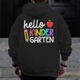 Hello Kindergarten Team Kinder Back To School Teacher Kids Men Zip Up Hoodie Back Print, funny design