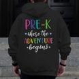 Pre-K Teacher Adventure Begins First Day Preschool Teachers Men Zip Up Hoodie Back Print, funny design