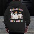Preschool Boo Crew Groovy Halloween Floral Ghost Teacher Men Women Kids Men Zip Up Hoodie Back Print, Groovy Teacher Gifts, funny design