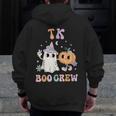TK Boo Crew Retro Groovy Halloween Floral Ghost TK Teacher Men Women Kids Men Zip Up Hoodie Back Print, Groovy Teacher Gifts, funny design