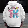 Hello TK Transitional Kindergarten Back To School Teacher Men Zip Up Hoodie Back Print, funny design