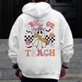 Trick Or Teach Groovy Teacher Halloween Retro Floral Ghost Men Zip Up Hoodie Back Print, Groovy Teacher Gifts, funny design