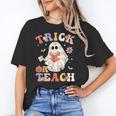 Groovy Halloween Trick Or Teach Retro Floral Ghost Teacher Women's T-Shirt, Groovy Teacher Gifts, trending gift Groovy Halloween Trick Or Teach Retro Floral Ghost Teacher Women's T-Shirt, Groovy Teacher Gifts, trending gift