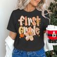 First Grade Fall Floral Coquette Bow Teachers Students Women's T-Shirt, First Grade Teacher Shirts, gift for family, gift for coworker