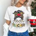 Teacher Life Messy Bun Glasses Leopard Sunflower Women's T-Shirt, gift for family, gift for coworker