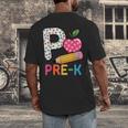 P Is For Pre K Teacher Student Pencil Apple Back To School Men's Back Print T-Shirt, funny design P Is For Pre K Teacher Student Pencil Apple Back To School Men's Back Print T-Shirt, funny design