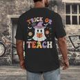 Trick Or Teach Teacher Groovy Ghost Halloween Teacher Men's Back Print T-Shirt, funny design