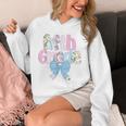 Preppy Fifth Grade Teacher Blue Floral Coquette Pencil Bow Unisex Hoodie, funny design