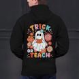 Groovy Halloween Trick Or Teach Retro Floral Ghost Teacher For Men Women Kids Men's Hoodie Back Print, Groovy Teacher Hoodies, gift for family, gift for coworker
