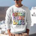 Soul Bleach Teacher Staff First Day Of School Last Hugs & High Fives Lunch Lady Vibes Blue Classic Fit Unisex Sweatshirt, funny gift