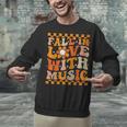 Fall In Love With Music Groovy Thanksgiving Music Teacher Men Women Girls Kids Unisex Sweatshirt, Groovy Teacher Sweatshirts, gift for family, gift for coworker