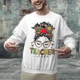 Teacher Life Messy Bun Glasses Leopard Sunflower Unisex Sweatshirt, gift for family, gift for coworker Teacher Life Messy Bun Glasses Leopard Sunflower Unisex Sweatshirt, gift for family, gift for coworker