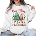 One Merry Teacher Groovy Christmas Tree Pjs Xmas Teacher Women Crewneck Sweatshirt, Groovy Teacher Gifts, trending gift One Merry Teacher Groovy Christmas Tree Pjs Xmas Teacher Women Crewneck Sweatshirt, Groovy Teacher Gifts, trending gift