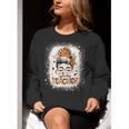 Messy Bun Spooky Teacher Bleached Halloween Teachers Women Crewneck Sweatshirt, funny gift