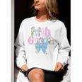 Preppy Fifth Grade Teacher Blue Floral Coquette Pencil Bow Women Crewneck Sweatshirt, funny gift