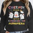 Creepin It Real With Kindergarten Monsters Halloween Teacher Women Crewneck Sweatshirt, funny design