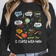 Friendship Inclusion Language Teacher It Starts With Hello Women Crewneck Sweatshirt, funny design Friendship Inclusion Language Teacher It Starts With Hello Women Crewneck Sweatshirt, funny design