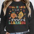 Groovy Fall In Love With Learning Autumn Pumpkin Teacher Women Crewneck Sweatshirt, Groovy Teacher Gifts, funny design