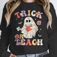 Groovy Halloween Trick Or Teach Retro Floral Ghost Teacher Women Crewneck Sweatshirt, Groovy Teacher Gifts, funny design Groovy Halloween Trick Or Teach Retro Floral Ghost Teacher Women Crewneck Sweatshirt, Groovy Teacher Gifts, funny design