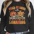 Retro Fall In Love With Learning Autumn Pumpkin Teachers Women Crewneck Sweatshirt, funny design