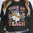 Trick Or Teach Groovy Teacher Halloween Retro Ghost Women Crewneck Sweatshirt, Groovy Teacher Gifts, funny design