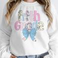 Preppy Fifth Grade Teacher Blue Floral Coquette Pencil Bow Women Crewneck Sweatshirt, funny design