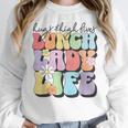 Soul Bleach Teacher Staff First Day Of School Last Hugs & High Fives Lunch Lady Vibes Blue Classic Fit Women Crewneck Sweatshirt, funny design Soul Bleach Teacher Staff First Day Of School Last Hugs & High Fives Lunch Lady Vibes Blue Classic Fit Women Crewneck Sweatshirt, funny design