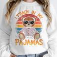 I Teach In My Pajamas Teacher Sunset Bear Retro Women Crewneck Sweatshirt, funny design