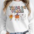 Trick Or Teach Candy Corn Pumpkin Ghost Teacher Women Crewneck Sweatshirt, funny design