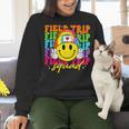 Field Trip Squad Groovy Field Day Smile Face Teacher Tie Dye Women Crewneck Sweatshirt, Groovy Teacher Sweatshirts, gift for family, gift for coworker