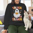 Retro Vintage Groovy Trick Or Teach Teacher Halloween For Men Women Kids Women Crewneck Sweatshirt, Groovy Teacher Sweatshirts, gift for family, gift for coworker