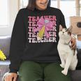 Teacher Pencil Back To School Groovy Pink Teacher First Day Women Crewneck Sweatshirt, Groovy Teacher Sweatshirts, gift for family, gift for coworker