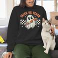 Trick Or Teach Groovy Retro Ghost Halloween Teacher Kids Women Crewneck Sweatshirt, Groovy Teacher Sweatshirts, gift for family, gift for coworker Trick Or Teach Groovy Retro Ghost Halloween Teacher Kids Women Crewneck Sweatshirt, Groovy Teacher Sweatshirts, gift for family, gift for coworker