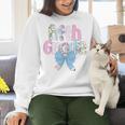 Preppy Fifth Grade Teacher Blue Floral Coquette Pencil Bow Women Crewneck Sweatshirt, gift for family, gift for coworker