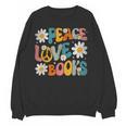 Peace Love Books Bookworm Librarian Reading Teacher Groovy Women Crewneck Sweatshirt, novelty gifts, funny gifts