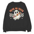 Trick Or Teach Groovy Retro Ghost Halloween Teacher Kids Women Crewneck Sweatshirt, novelty gifts, funny gifts Trick Or Teach Groovy Retro Ghost Halloween Teacher Kids Women Crewneck Sweatshirt, novelty gifts, funny gifts