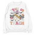 Trick Or Teach Groovy Teacher Halloween Retro Floral Ghost Women Crewneck Sweatshirt, novelty gifts, funny gifts