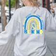 Be Kind Rainbow Down Syndrome Awareness Teacher Blue Yellow Women's Sweatshirt Back Print Ash