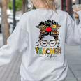 Teacher Life Messy Bun Glasses Leopard Sunflower Women's Sweatshirt Back Print Ash
