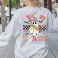 Trick Or Teach Groovy Teacher Halloween Retro Floral Ghost Women's Sweatshirt Back Print Ash