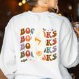 Booooks Ghost Halloween Groovy Vintage Teacher Book Reading Women's Sweatshirt Back Print White Booooks Ghost Halloween Groovy Vintage Teacher Book Reading Women's Sweatshirt Back Print White