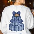 Coquette Bow Book Tree Merry Christmas Xmas Teacher Holiday Women's Sweatshirt Back Print White