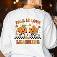 Fall In Love With Learning Teacher Student Autumn Pumpkin Women's Sweatshirt Back Print White Fall In Love With Learning Teacher Student Autumn Pumpkin Women's Sweatshirt Back Print White