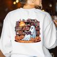 Ghost Book Reading Halloween Books Lover Teacher Women's Sweatshirt Back Print White Ghost Book Reading Halloween Books Lover Teacher Women's Sweatshirt Back Print White