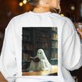 Ghost Library Halloween Book Reading Books Lover Teacher Women's Sweatshirt Back Print White