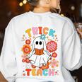 Groovy Halloween Trick Or Teach Retro Floral Ghost Teacher For Men Women Kids Women's Sweatshirt Back Print White Groovy Halloween Trick Or Teach Retro Floral Ghost Teacher For Men Women Kids Women's Sweatshirt Back Print White