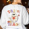 Groovy Halloween Trick Or Teach Retro Floral Ghost Teacher Women's Sweatshirt Back Print White Groovy Halloween Trick Or Teach Retro Floral Ghost Teacher Women's Sweatshirt Back Print White